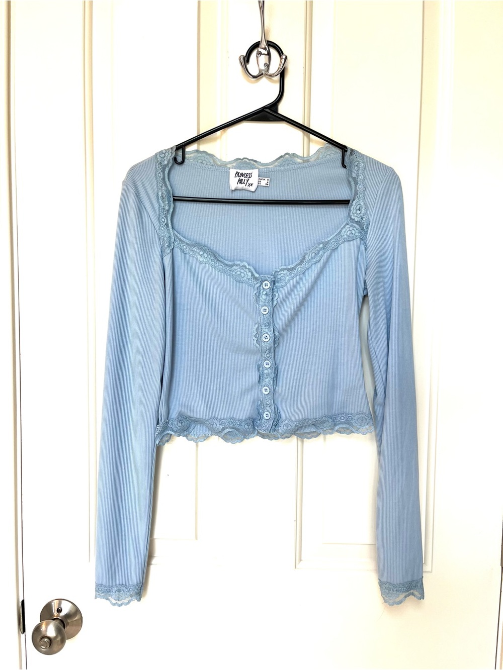 Princess Polly Light Blue Button Down Scoop Neck Lace Trimmed Ribbed Top Sz 4